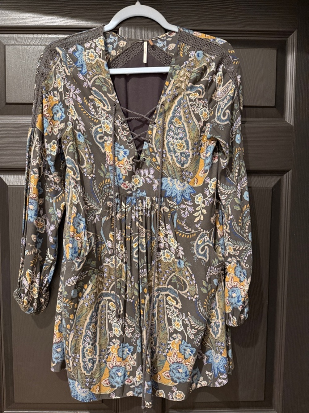 Free People Lace-Up Paisley Floral Tunic — Olive, Blue & Mustard